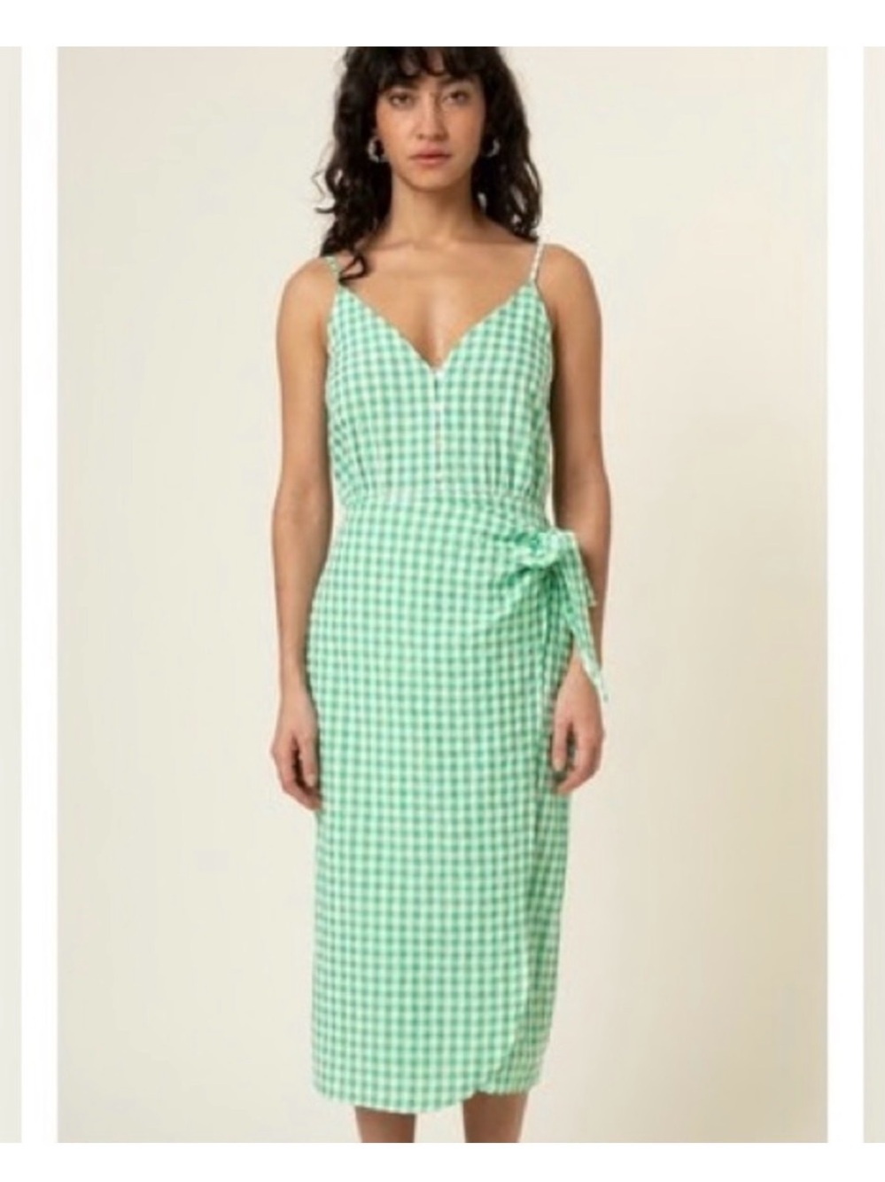 FRNCH Green Gingham Tie-Waist Midi Dress